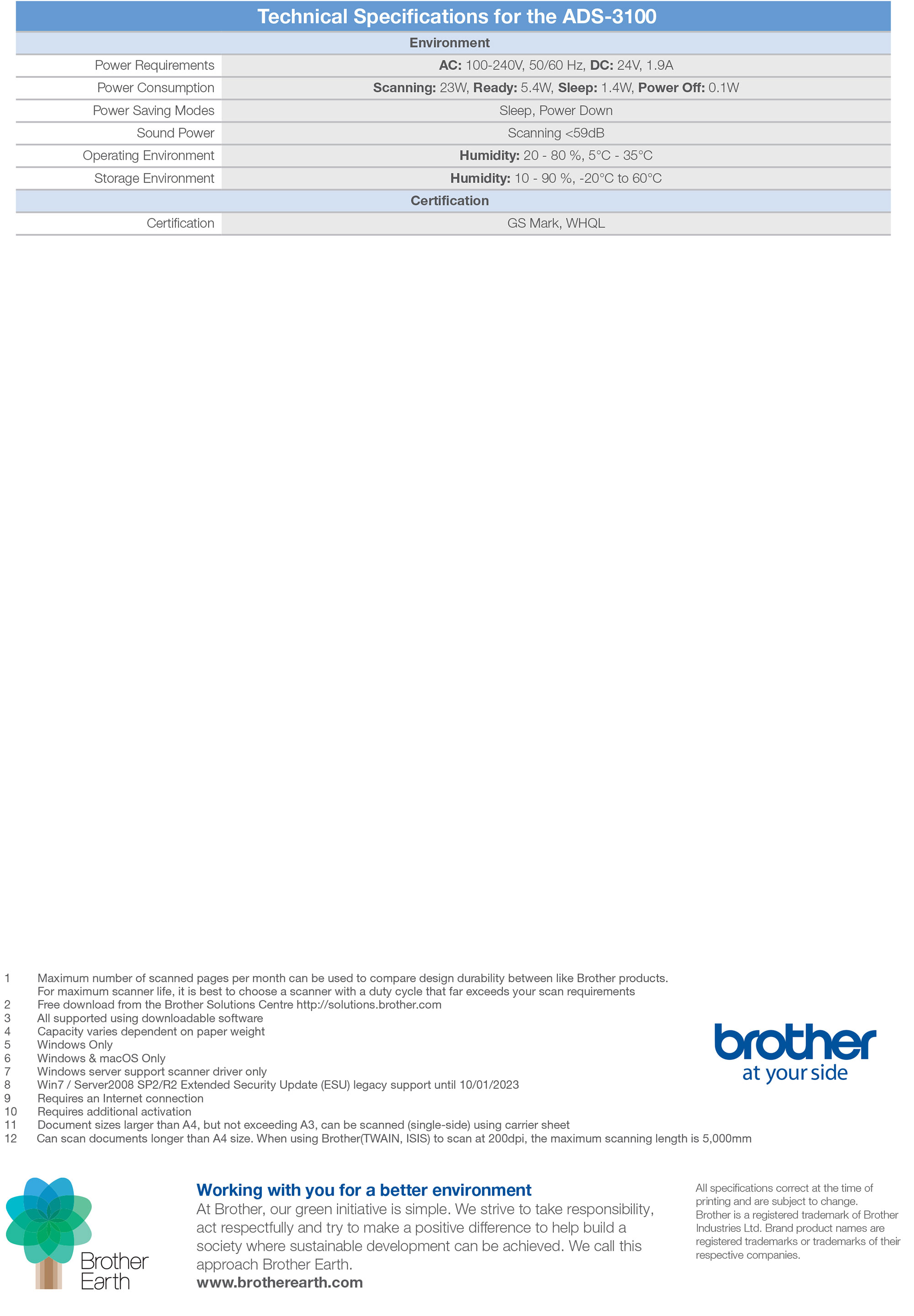 Brother ADS-3100 Specifications