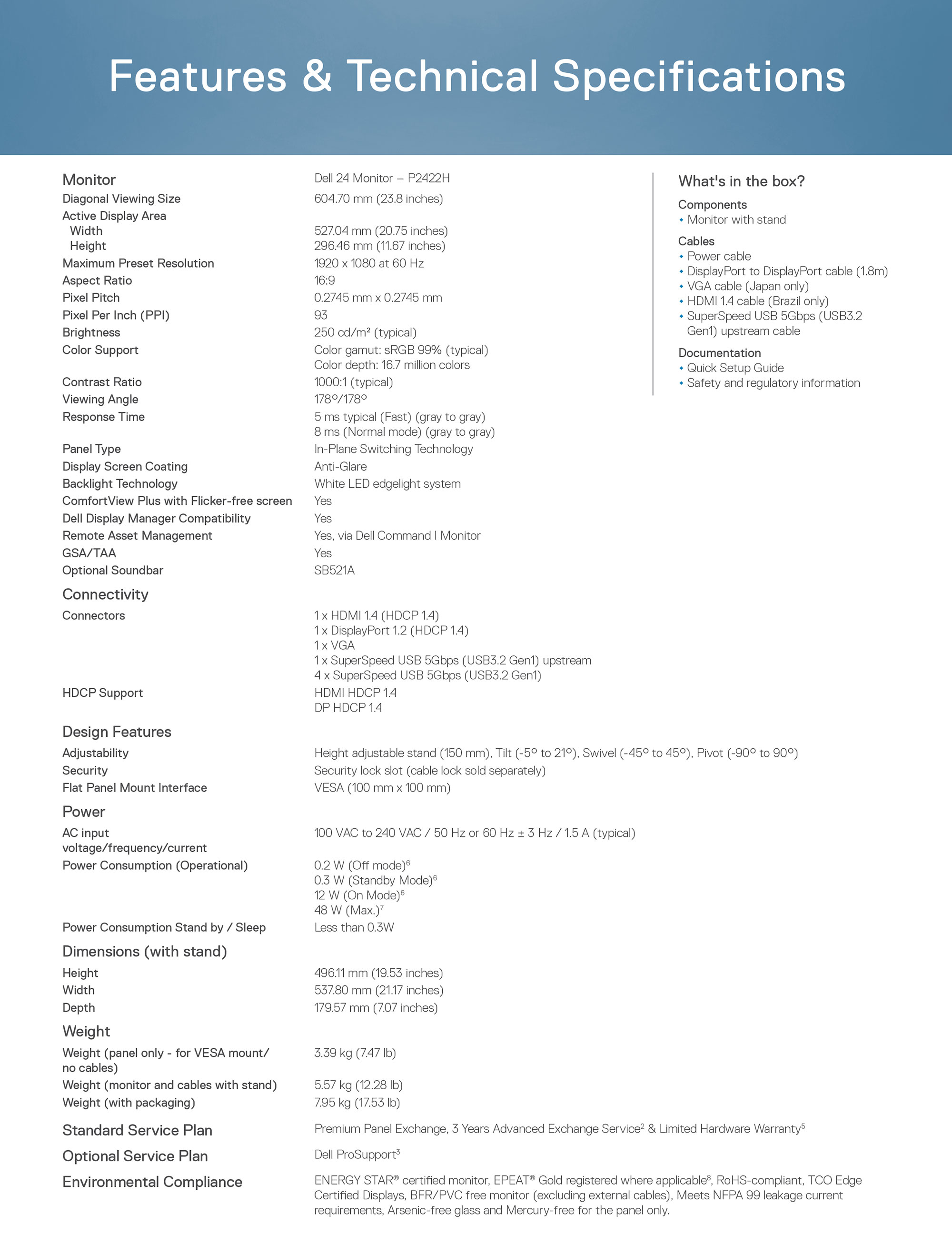 Dell P2422h Specifications