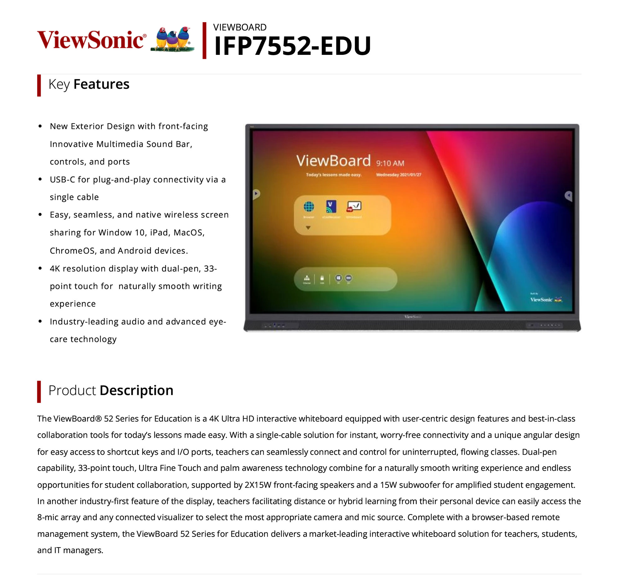 ViewSonic IFP7552-1A Description & Features