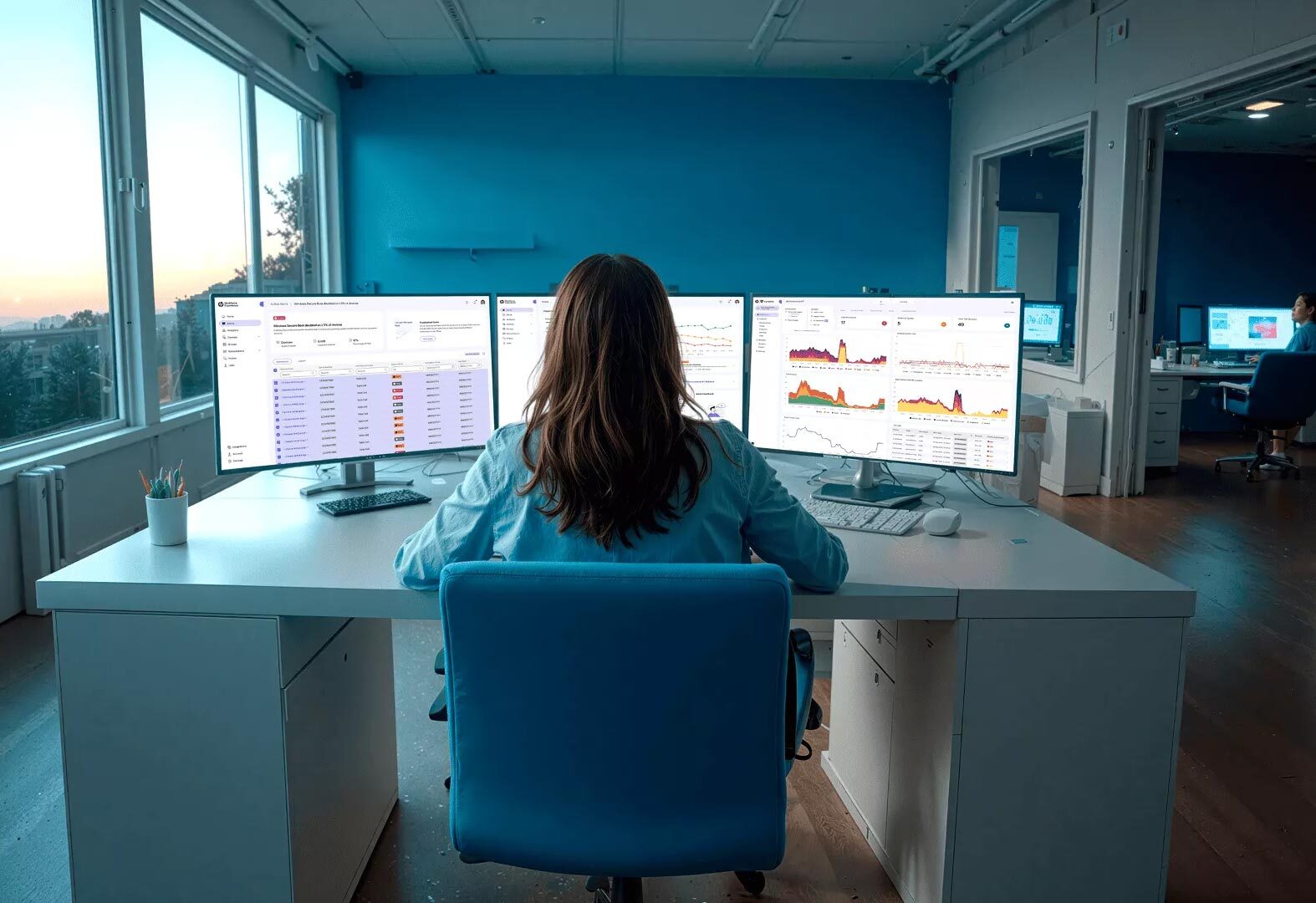 Female Worker in front of WXP on Monitors