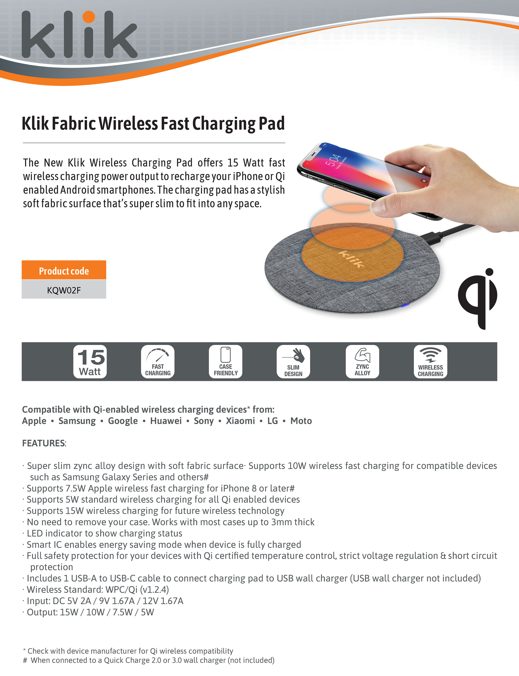 KLIK Qi Wireless Fast Charging Pad - Fabric