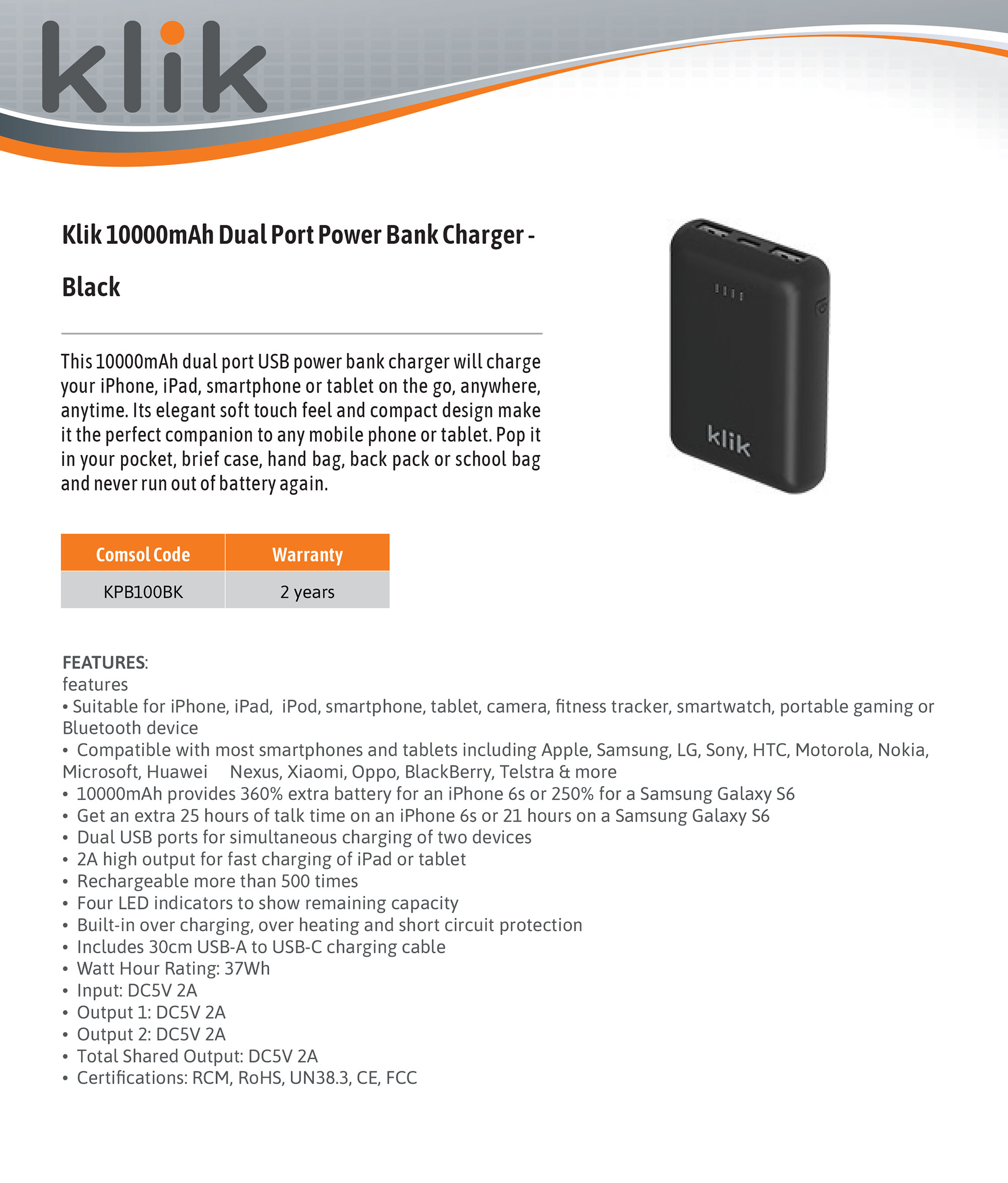 KLIK 10000MAH Dual Port Power Bank Charger