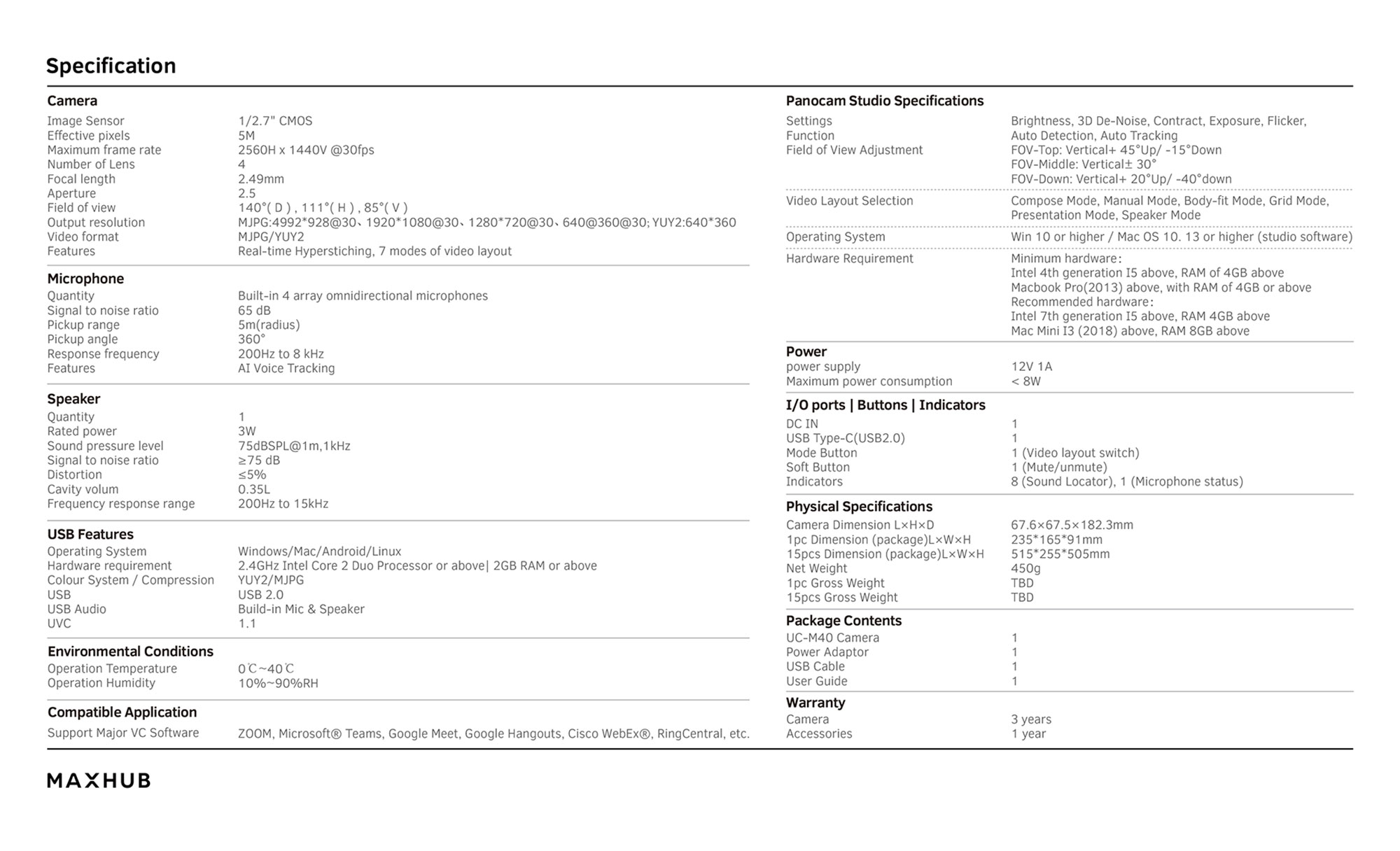 MAXHUB UC M40 Camera Specifications