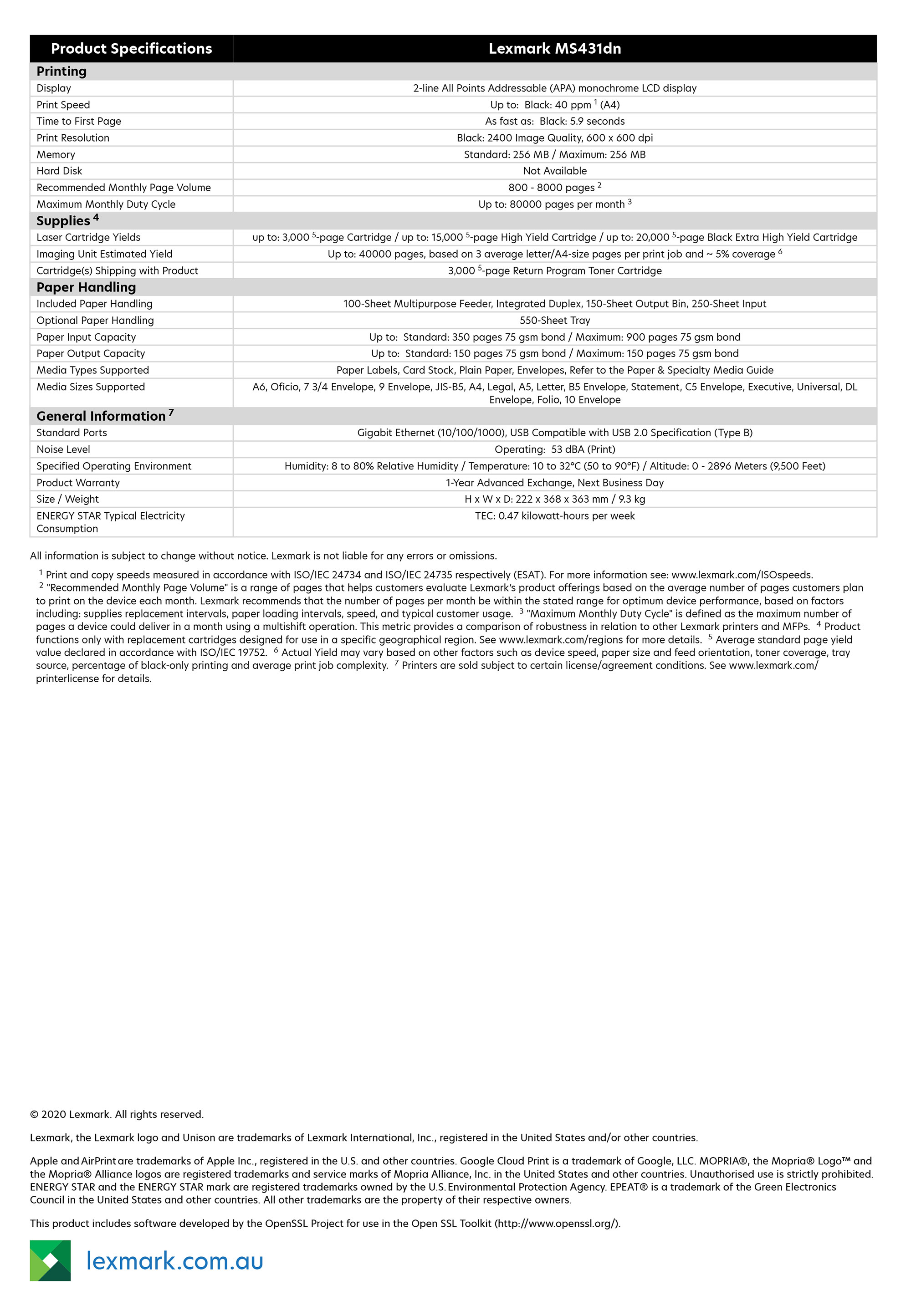 Lexmark MS431dn specs