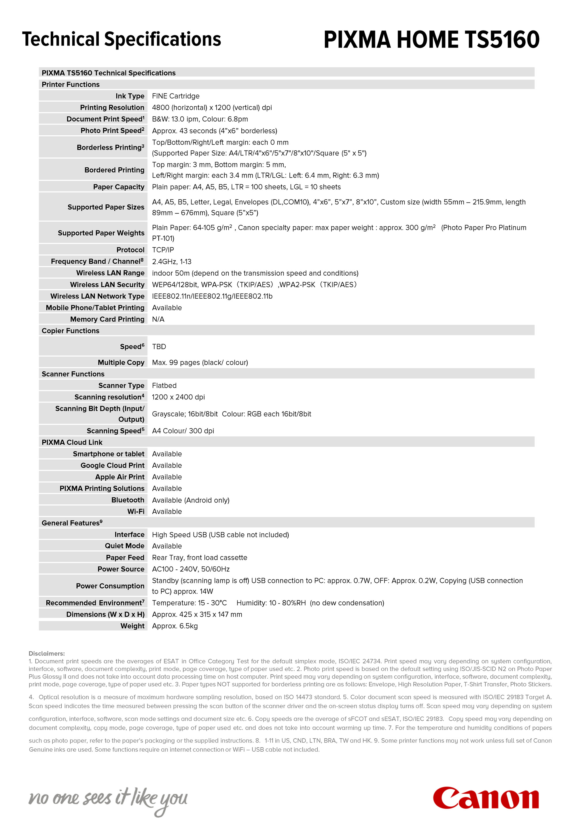 Canon PIXMA Home TS5160 Printer Specifications