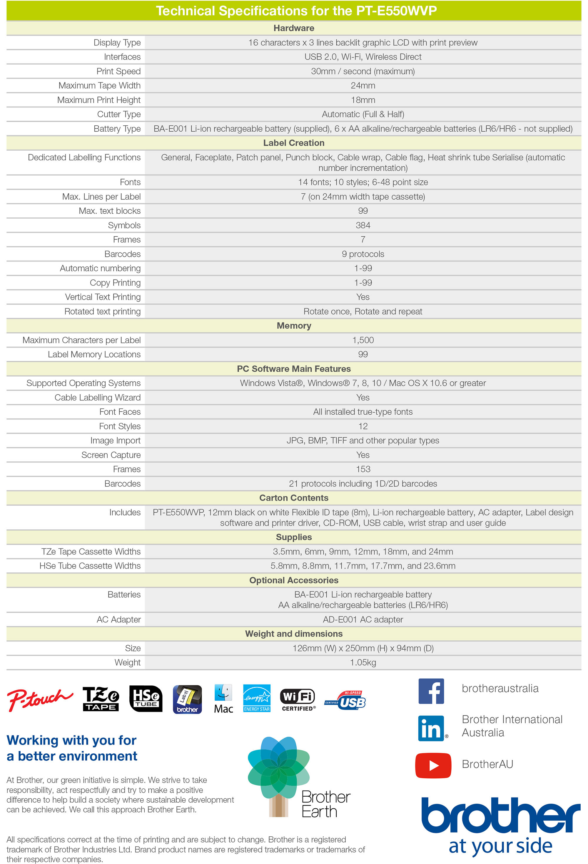 Brother PT-E550WVP Specifications