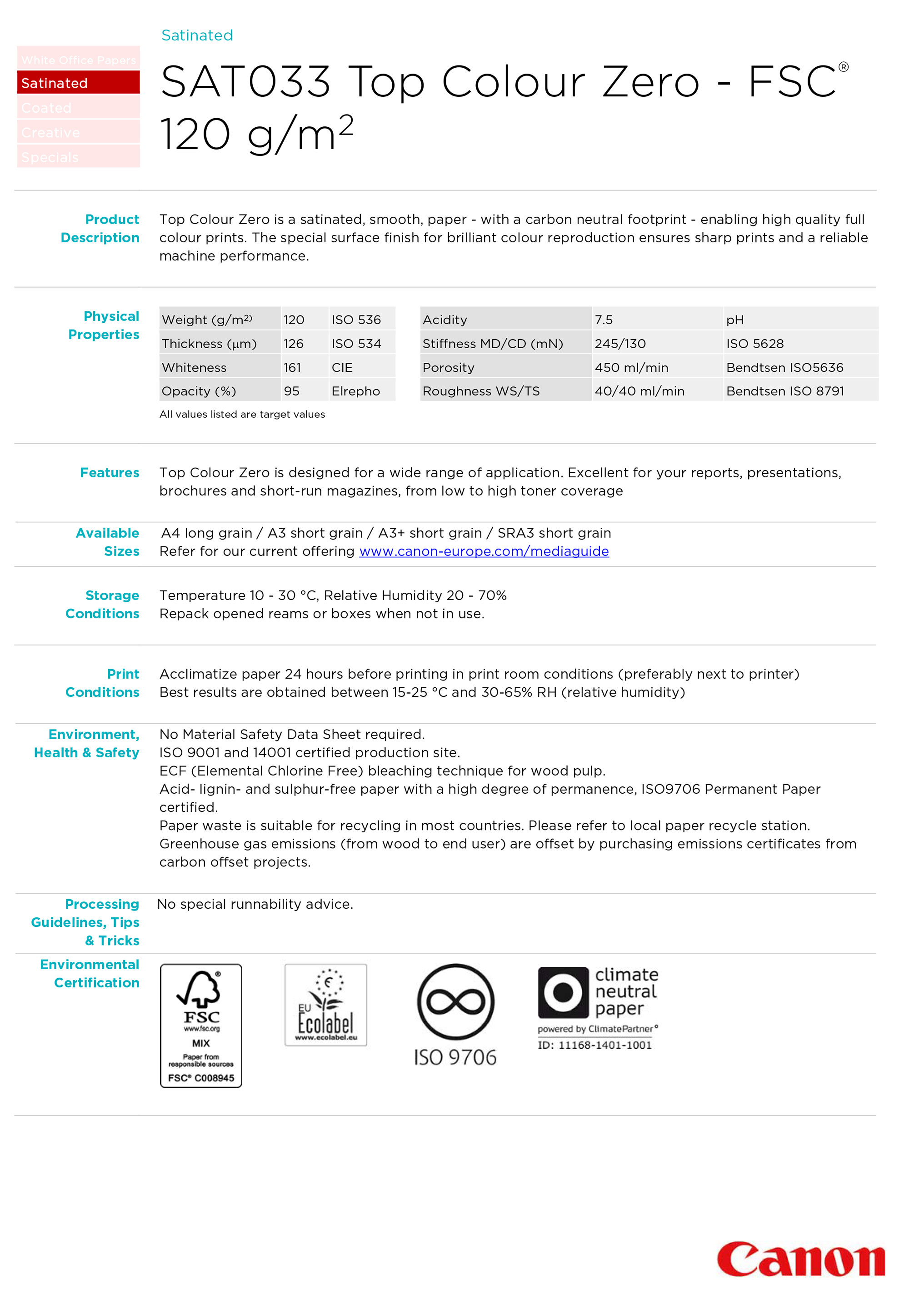 Canon Top Colour Zero Paper Specs