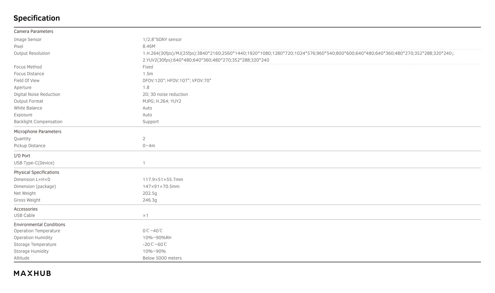 MAXHUB UCW21 Camera Specifications