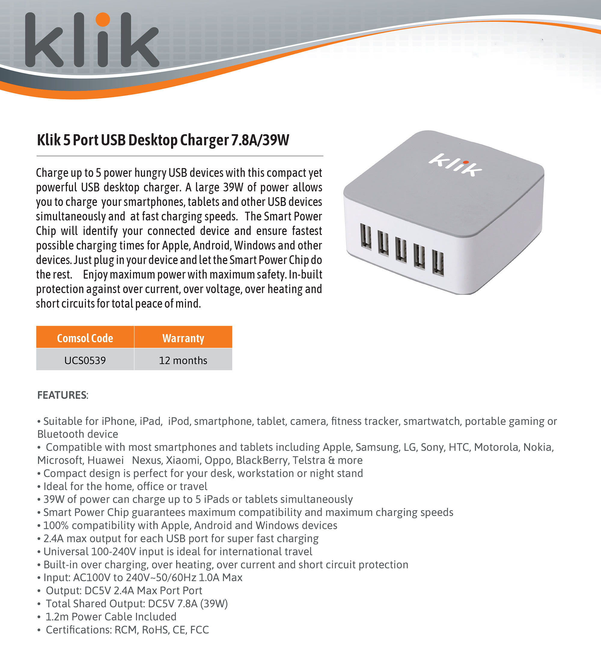 KLIK 5 Port USB Desktop Charger 7.8A/39W