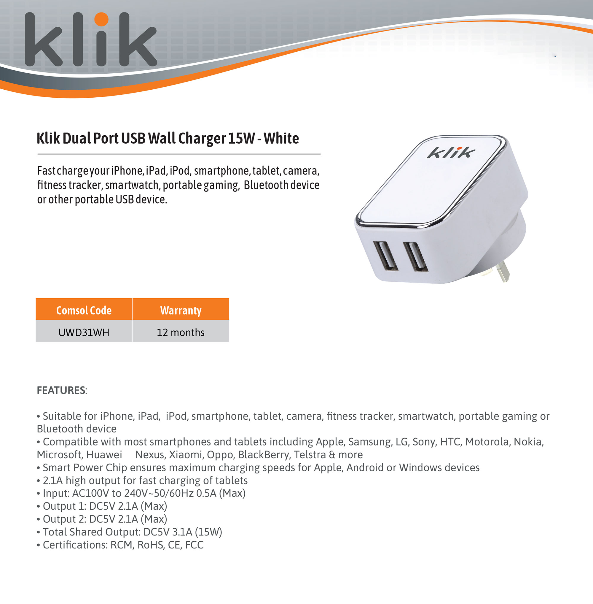 KLIK Dual Port USB Wall Charger 15W