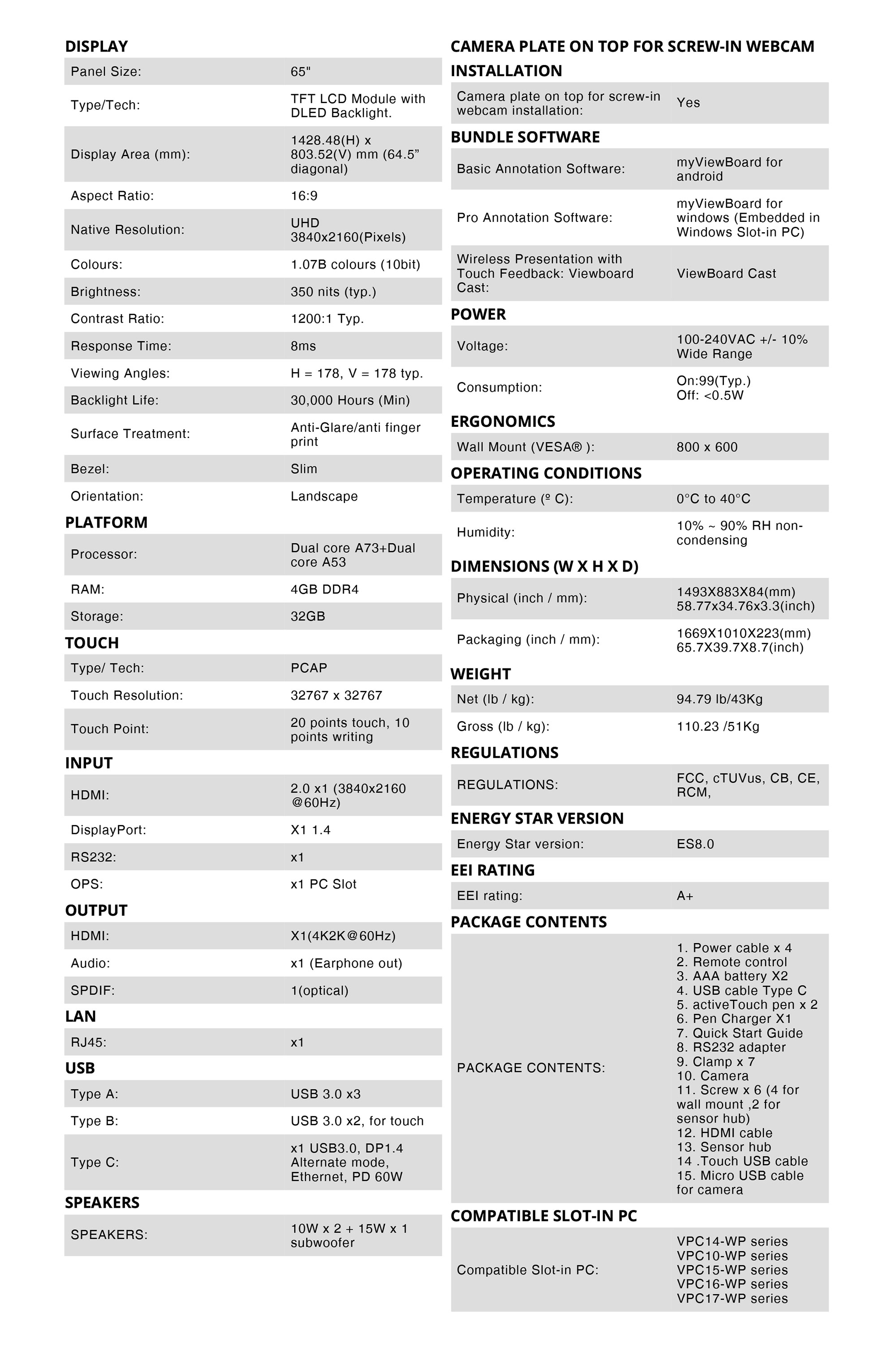 ViewSonic IFP6570 Specifications