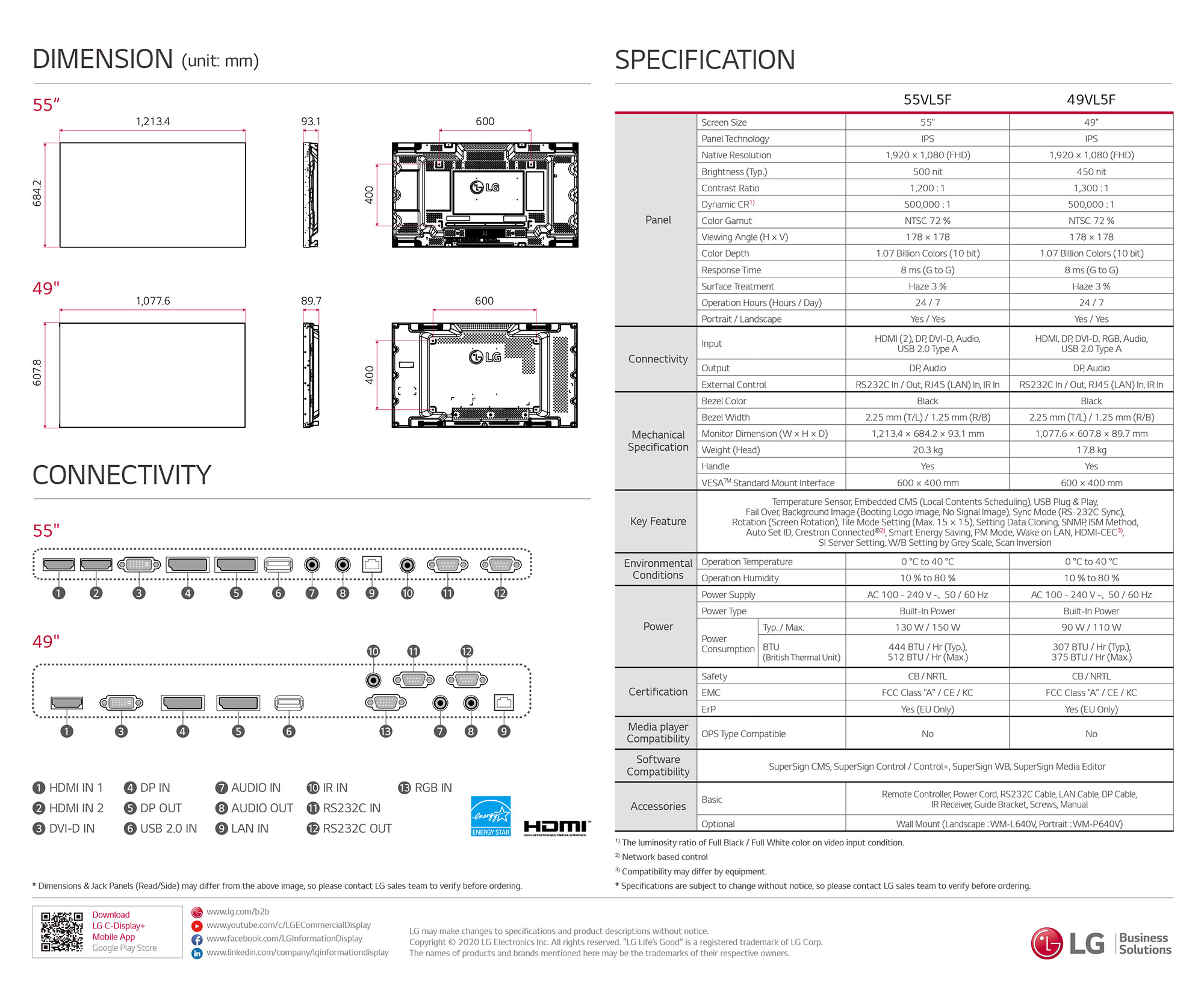 LG VL5F Series Video Wall Specifications