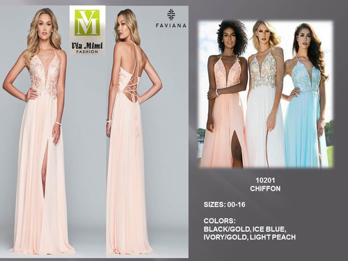 FAVIANA 10201 - CHIFFON - SIZE: 00-16 - COLOR: BLACK/GOLD, ICE BLUE, IVORY/GOLD, LIGHT PEACH 
