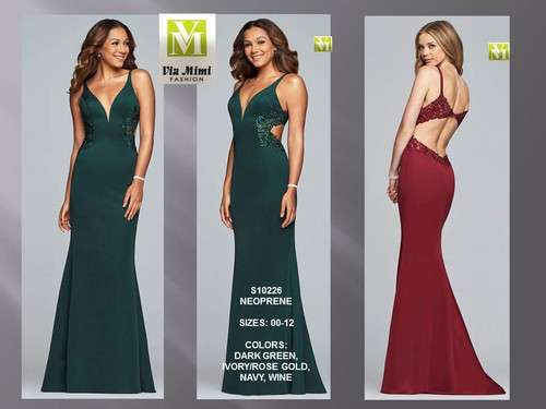 FAVIANA S10226 - NEOPRENE - SIZES: 00-12 - COLORS: DARK GREEN, IVORY/ROSE GOLD, NAVY, WINE 