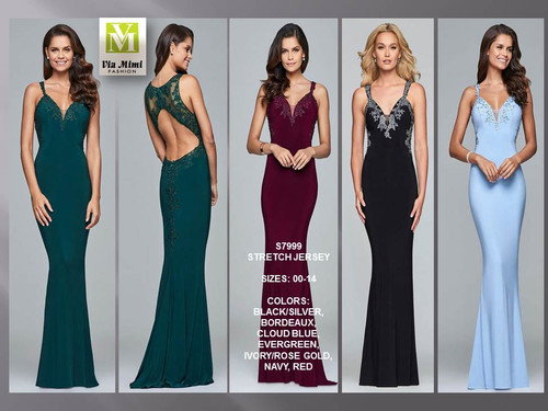 FAVIANA S7999 - STRETCH JERSEY - SIZES: 00-14 - COLORS: BLACK/SILVER, BORDEAUX, CLOUD BLUE, EVERGREEN, IVORY/ROSE GOLD, NAVY, RED