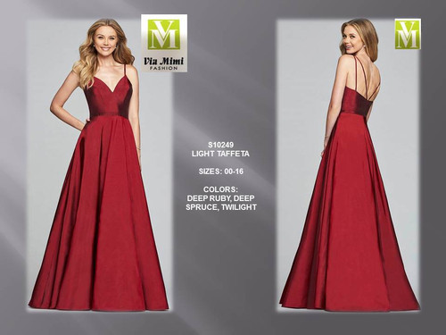 FAVIANA S10249 - LIGHT TAFFETA - SIZES: 00-16 - COLORS: DEEP RUBY, DEEP SPRUCE, TWILINGHT