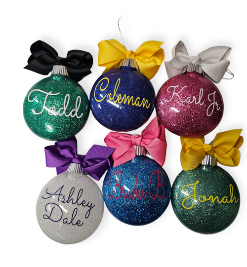 Personalized glitter name ornament variety of colors & ribbons