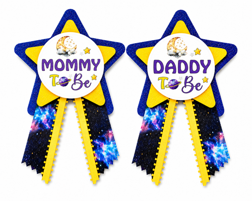 royal blue and yellow mommy and daddy to be baby shower pins for galaxy or twinkle little star theme