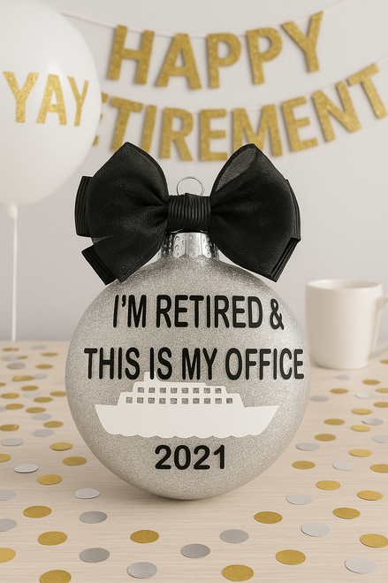 Retirement Ornament – Silver Glitter Keepsake with Black Bow | “I’m Retired & This Is My Office” Cruise Ship Gift for Travelers