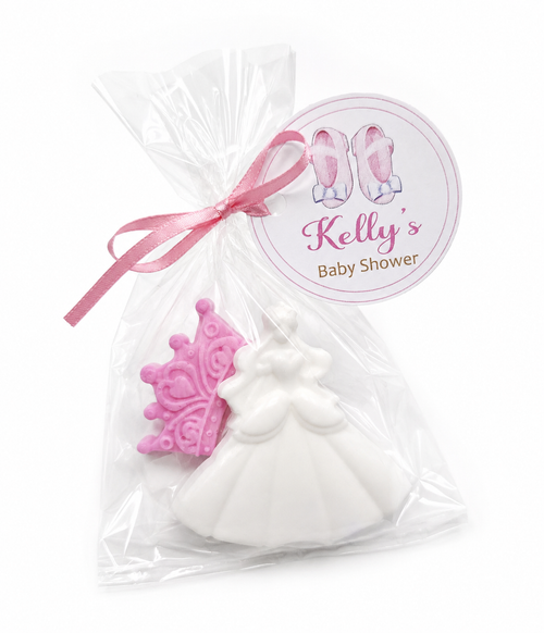 Princess dress and tiara soap favor with custom baby shower tag and pink ribbon