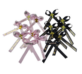 personalized ribbons with embellishment and pins on the back
