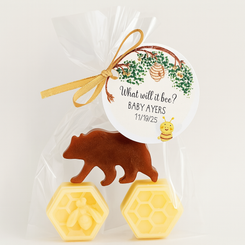 brown bear with bee soap party favor with personalized tags