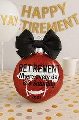 Personalized Retirement Ornament – Red Glitter Keepsake with Black Bow | Retirement Party Gift Idea