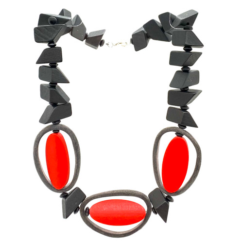 Triple buffalo horn and painted wood necklace