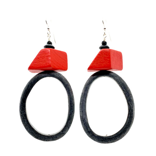 On the block red wood and buffalo horn earrings