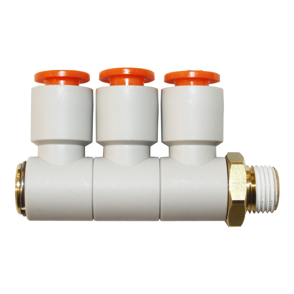 1/8 NPT Port to 1/4 In Tube Triple Banjo Fitting, Brass & Plastic