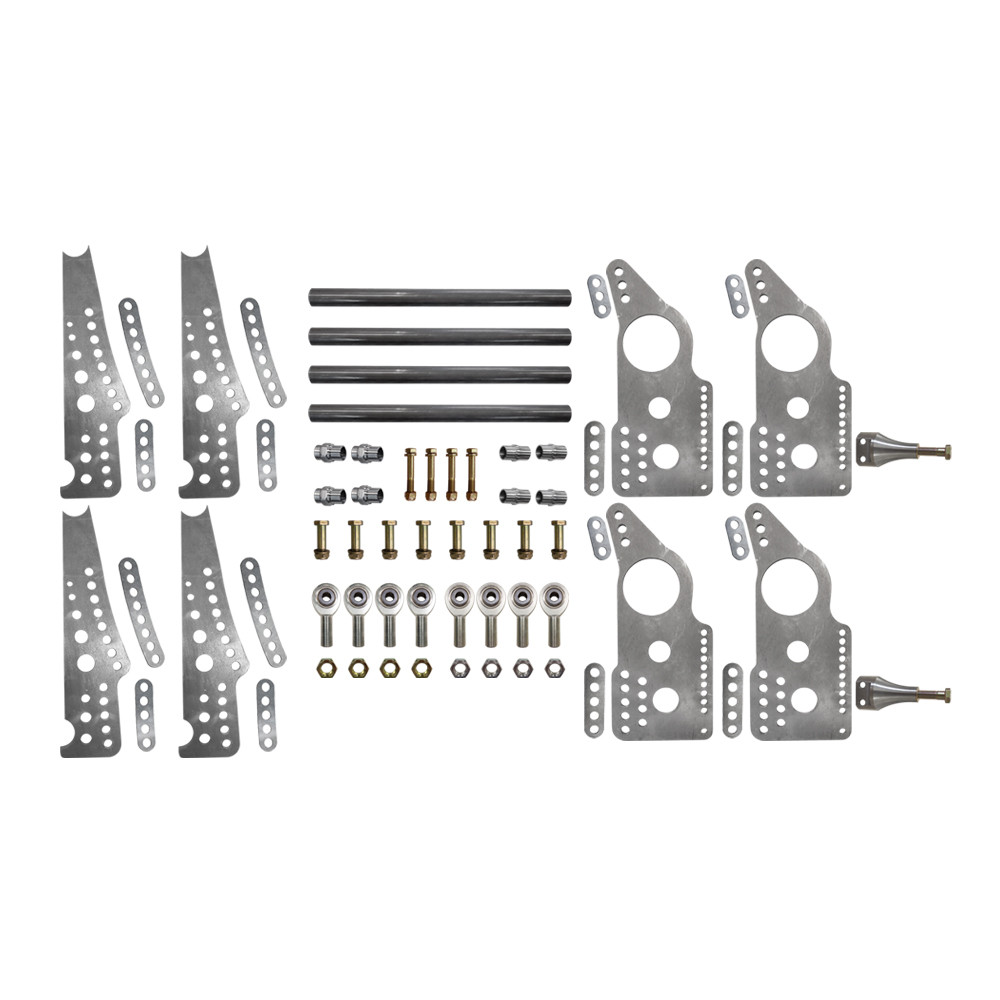 Quarter-Max 300020D Pro Series 4-Link Kit with 4130 13 in. Notch Spread Chassis Brackets, 4130 3-1/2 in.  Axle Tube Hole Size Housing Brackets, doubler plates, 3/4 in. Wide Billet Adjustable Threaded Shock Mounts