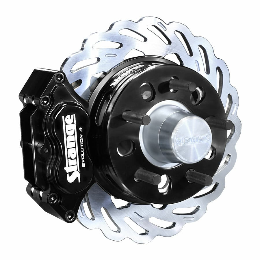 Strange Evolution Dynamic Drive Mount Front Brake Kit, 1987 - Present Strange Aluminum Struts, 4.5 in. BC, Evolution S Rotors, 4 Piston Billet Evolution 4 Calipers with DTC-30 Semi Metallic Pads B4153WCE