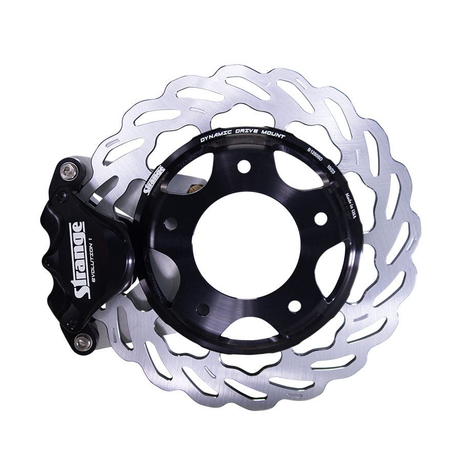 Strange Evolution Dynamic Drive Mount Front Brake Kit, 1987 - Present Strange Aluminum Struts, Spindle Mount Wheels, Evolution S Rotors, Single Piston Evolution 1 Calipers with DTC-30 Semi Metallic Pads B4597WCE