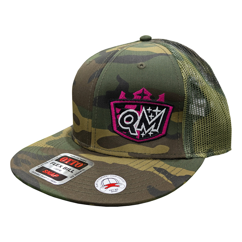 Quarter-Max Flat Bill Snapback Hat, Camo with Lime Green Logo