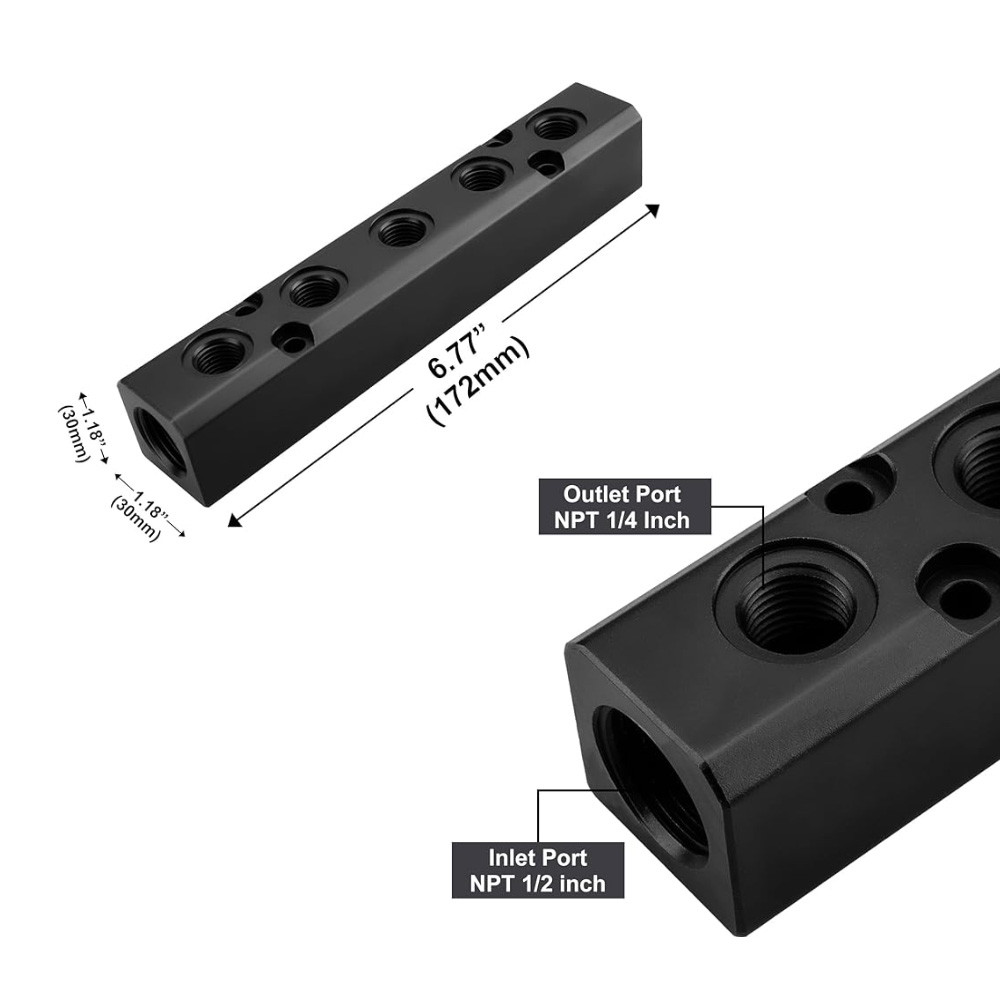 Pneumatic Manifold Air Distribution Block, NPT 1/2 In. Supply Port, NPT 1/4 In. Output Port (QM-209123)
