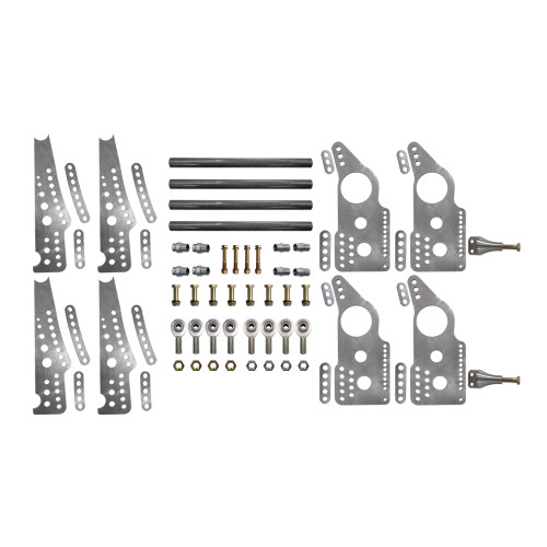 Quarter-Max 300020D Pro Series 4-Link Kit with 4130 13" Notch Spread Chassis Brackets, 4130 3-1/2" Axle Tube Hole Size Housing Brackets, doubler plates, 3/4" Wide Billet Adjustable Threaded Shock Mounts