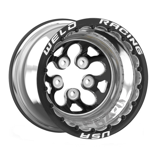 Weld Racing Alpha-1 DBL, 15 in. x 12 in., 5 in. x 4.75 in., 5 in. BS, Polished Shell, Black Center/Ring