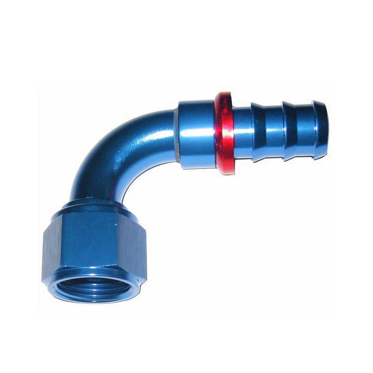 -12 AN 90 Degree Push Fit Hose End, Aluminum, Blue & Red