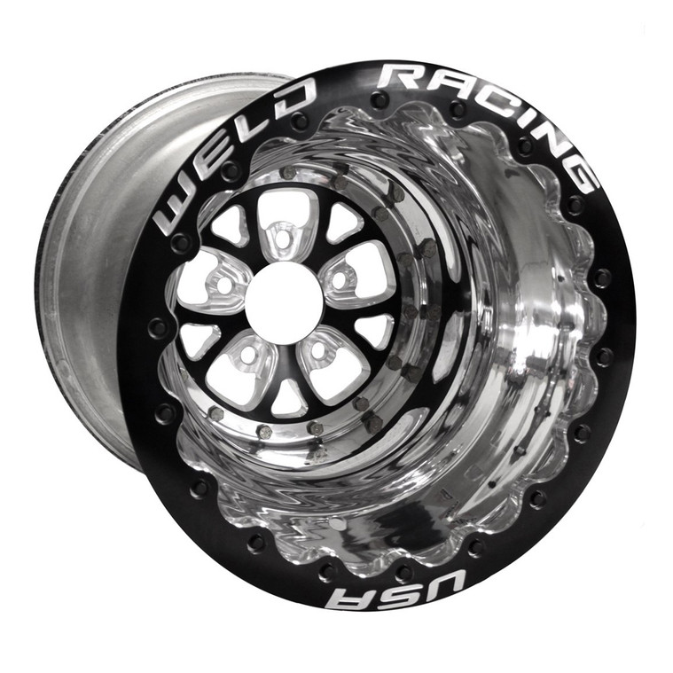 Weld Racing V-Series DBL, 16 in. x 16 in., 5 in. x 4.75 in., 5 in. BS, Polished Shell, Black Center/Ring