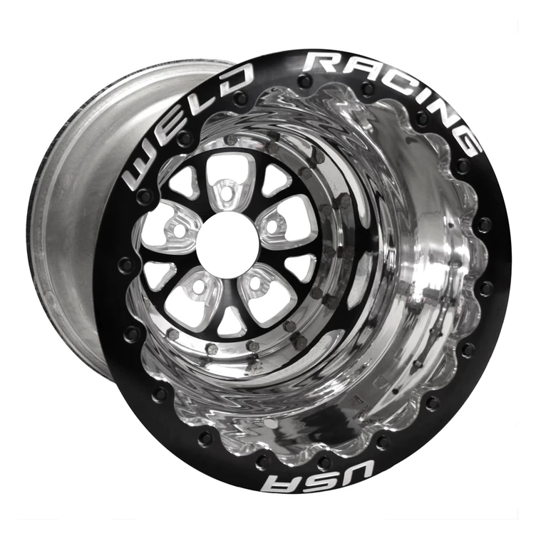 Weld Racing V-Series DBL, 15 in. x 15 in., 5 in. x 4.75 in., 4 in. BS, Polished Shell, Black Center/Ring