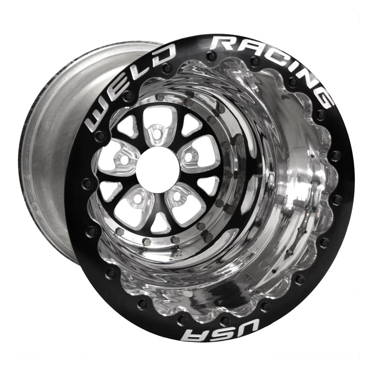 Weld Racing V-Series DBL, 15 in. x 10 in., 5 in. x 4.75 in., 4 in. BS, Polished Shell, Black Center/Ring