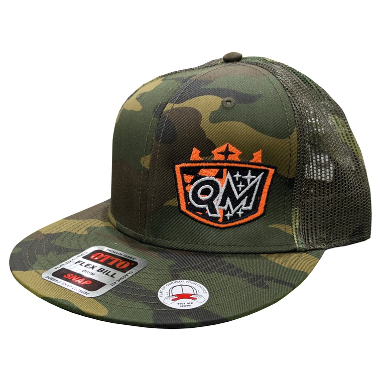 Quarter-Max Flat Bill Snapback Hat, Camo with Orange Logo