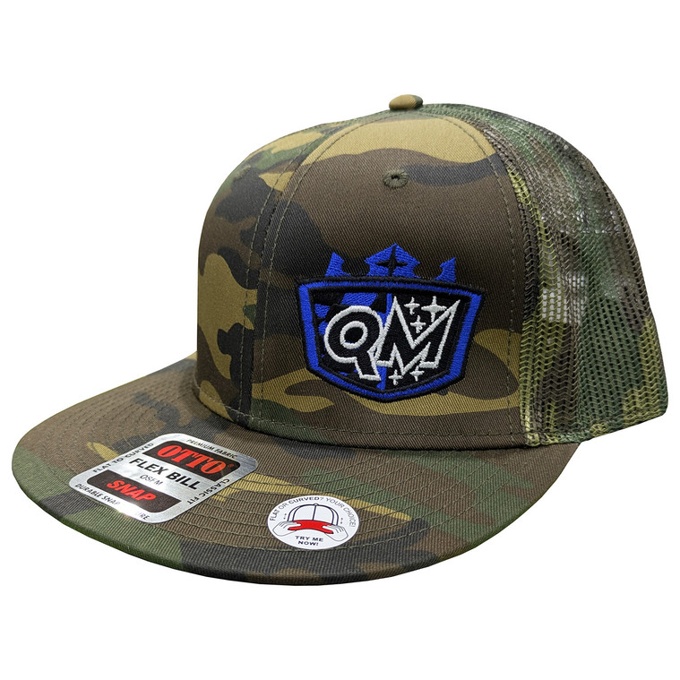 Quarter-Max Flat Bill Snapback Hat, Camo with Blue Logo