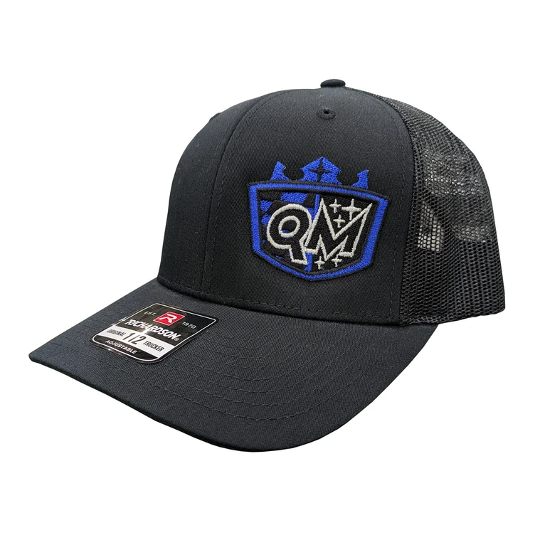 Quarter-Max Curved Bill Snapback Hat, Black with Blue Logo