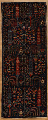  Short and narrow Tree design Blue background organic dyes wool runner 2'x5'2 