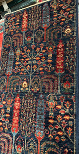 Short and narrow Tree design Blue background organic dyes wool runner 2'x5'2