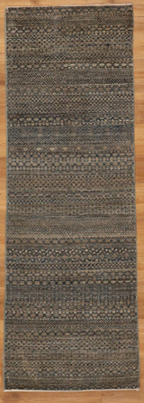 Calm blue and grey vegetable dye carpet with simple motifs 2’x6’