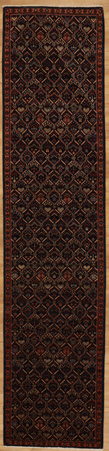 Hand Knotted Navy blue overall design runner 2'6 x 10'3, woven with hand-spun wool and vegetable dyes.