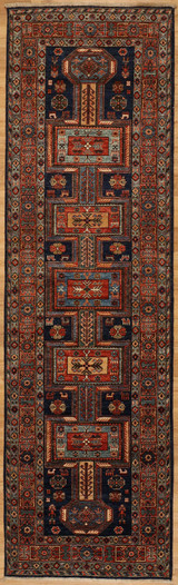 Hand Knotted Navy Blue Cuacasian style runner 2'11x9'7