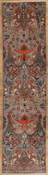 10 foot runner rug -Gray and light blue Transitional design.